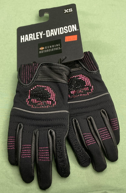 NEW HARLEY DAVIDSON 97133-22VW Women's Bling Willy G Skull Full Finger Glove XS