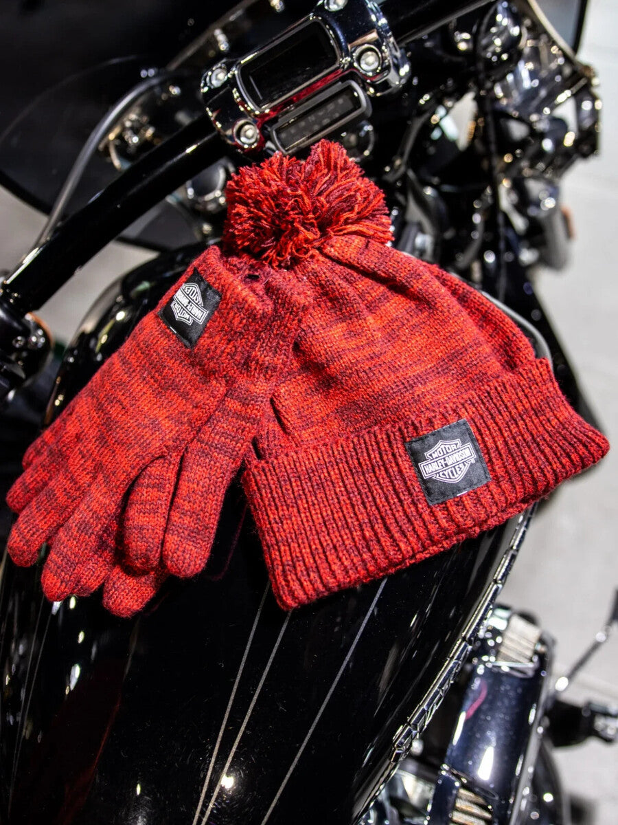 NEW HARLEY DAVIDSON 97709-23VW Womens Up North Knit Pom Hat Glove Set Marled Red