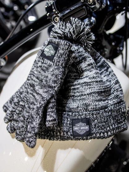 NEW HARLEY DAVIDSON 97708-23VW Womens Up North Pom Hat Glove Set Marled Black