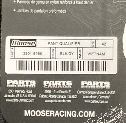 NEW GENUINE MOOSE RACING 2901-9086 Qualifier Pants Black/Gray SZ 42