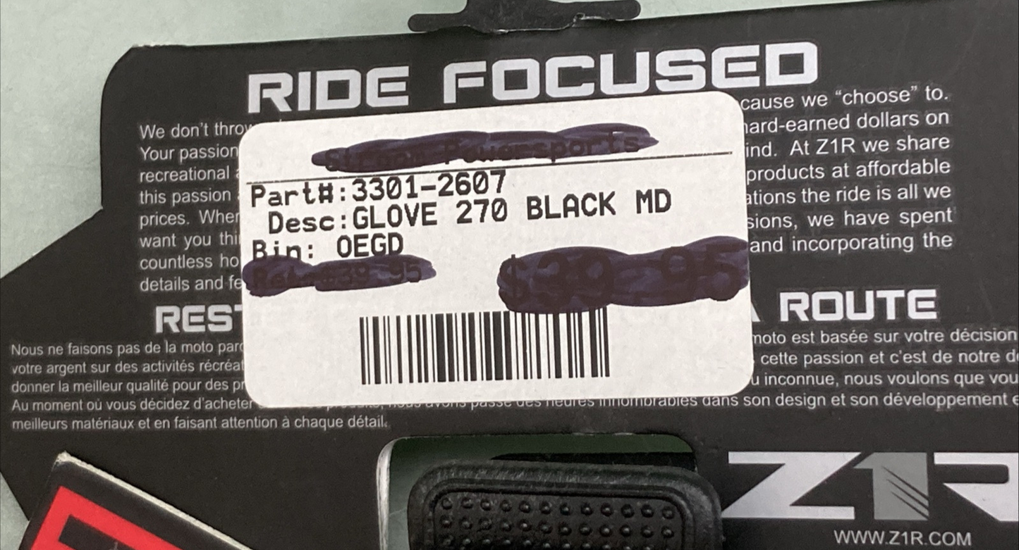 NEW GENUINE Z1R 3301-2607 GLOVES 270 Non-Perforated BLACK LEATHER MENS MEDIUM