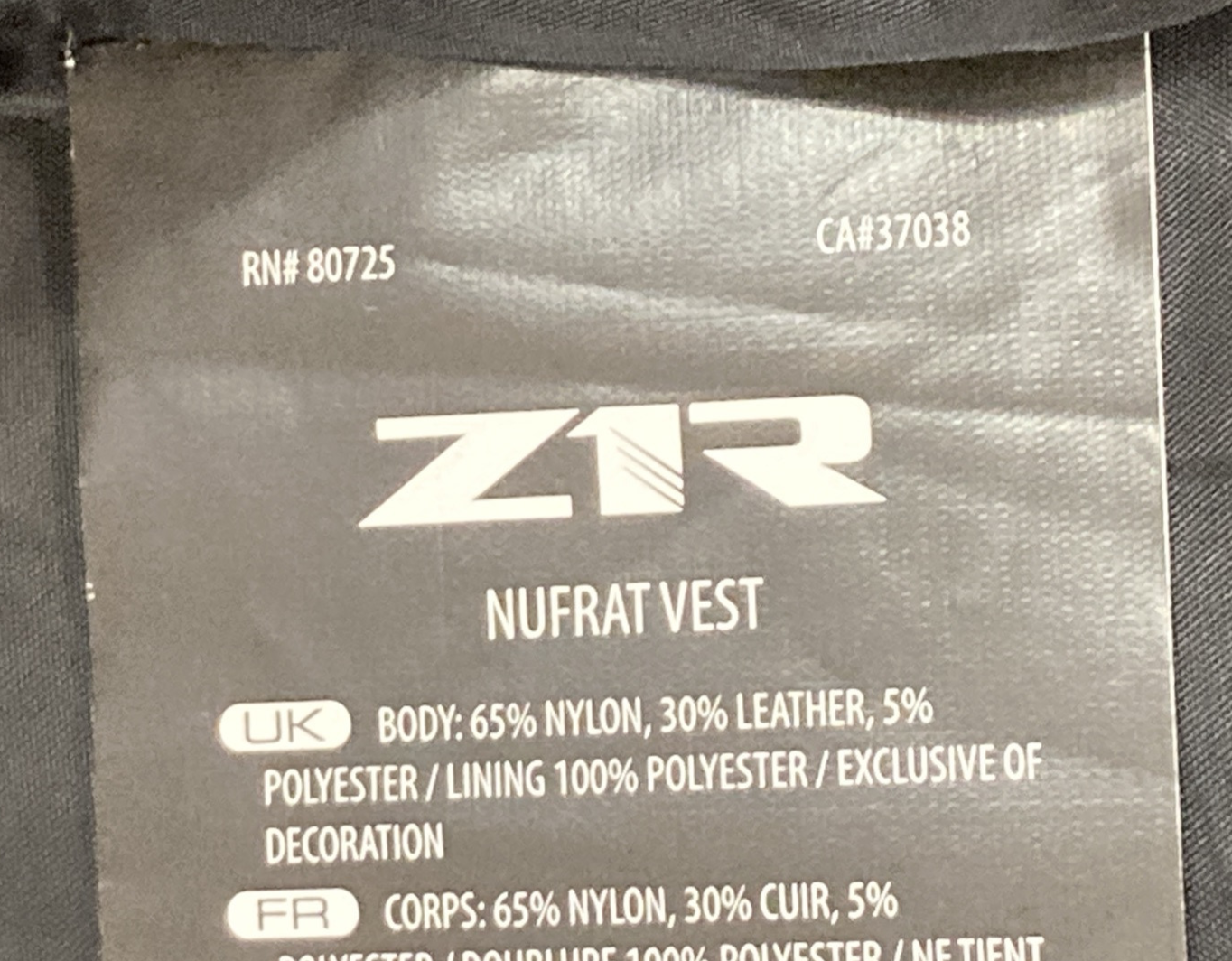 NEW GENUINE Z1R 2830-0584 Nufrat Vest BLACK LEATHER/CANVAS MENS X-LARGE