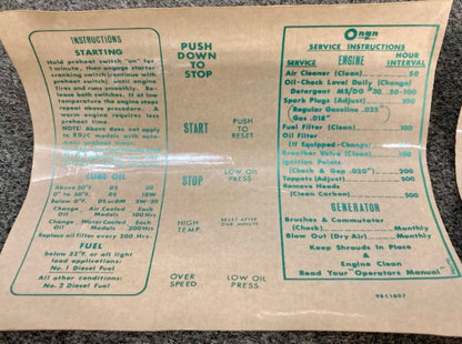 ONAN 98B1807 Label Kit, Marine Service New Genuine