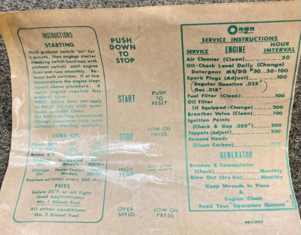 ONAN 98B1807 Label Kit, Marine Service New Genuine