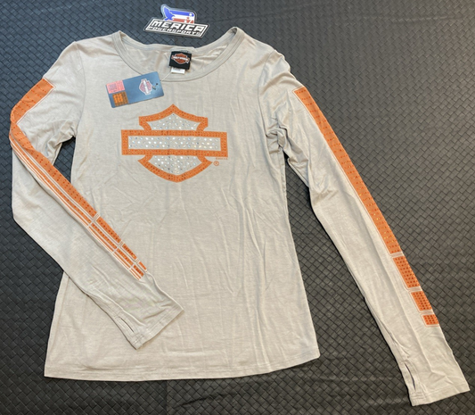NEW GENUINE HARLEY-DAVIDSON HT4946GRY Women's MD Sports Strip Long Sleeve Crew