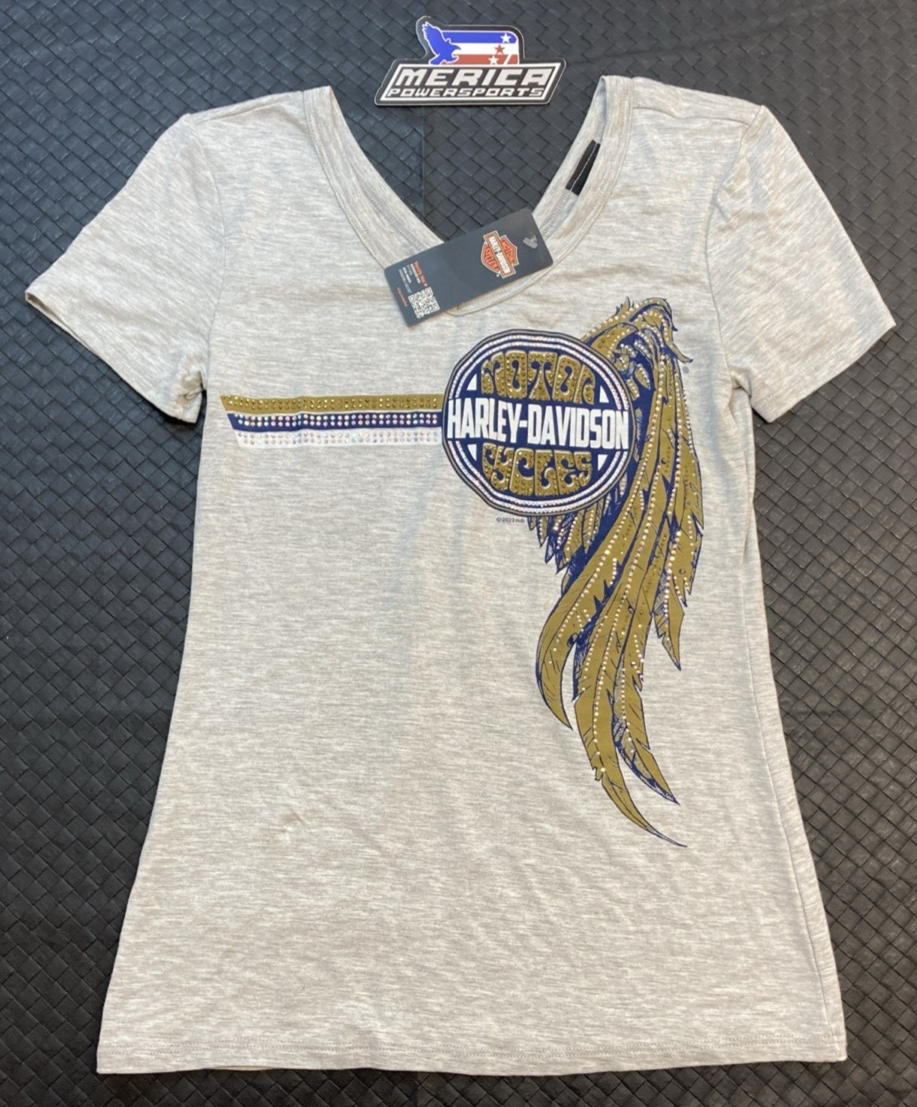 NEW GENUINE HARLEY DAVIDSON HT4685GRY Women's XS Golden Wing V-Neck Tee