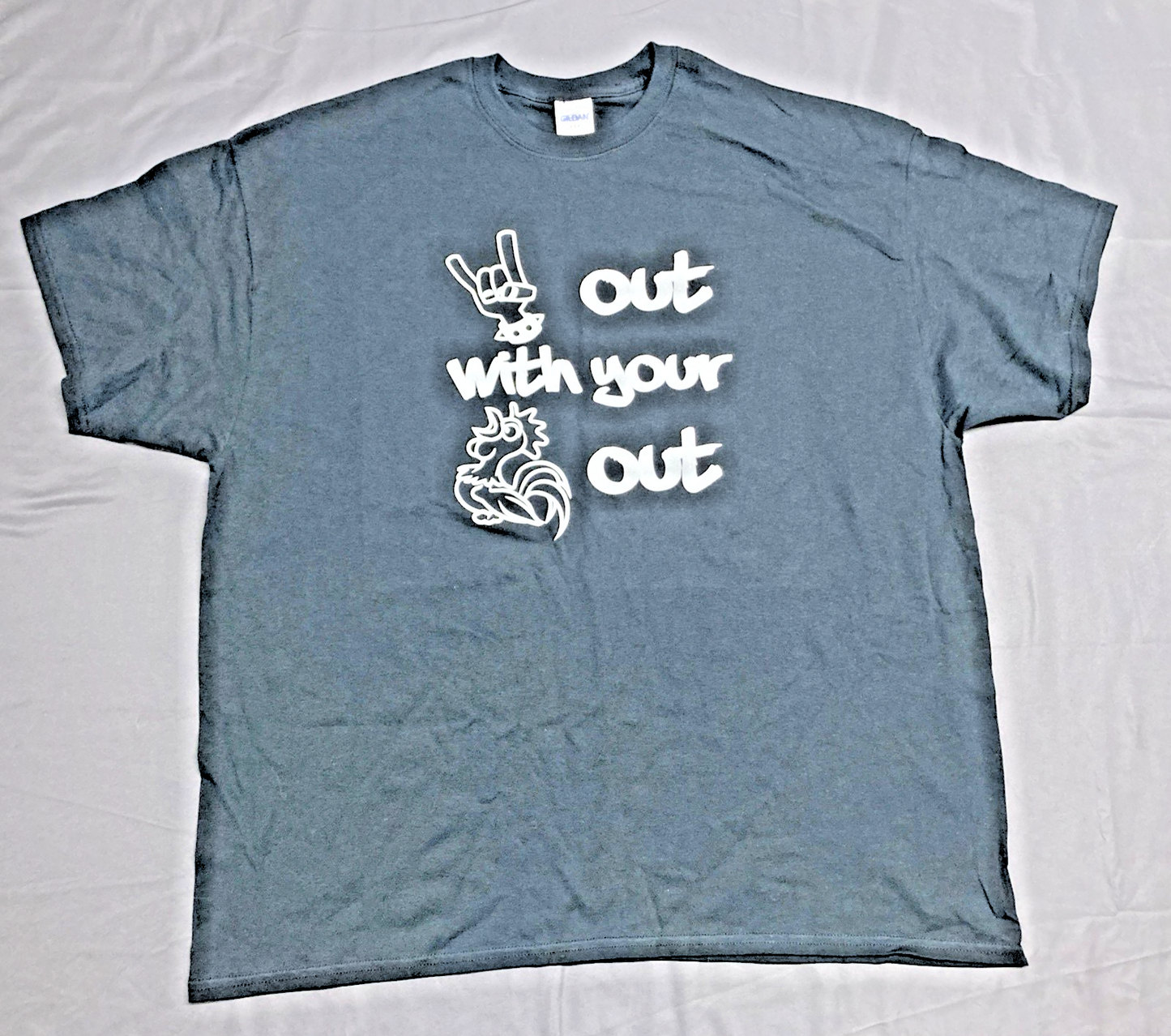 NEW GENUINE GILDAN 2XL ROCK OUT WITH YOUR COCK OUT BLACK T-SHIRT