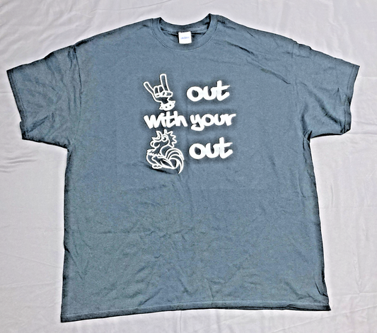 NEW GENUINE GILDAN 2XL ROCK OUT WITH YOUR COCK OUT BLACK T-SHIRT