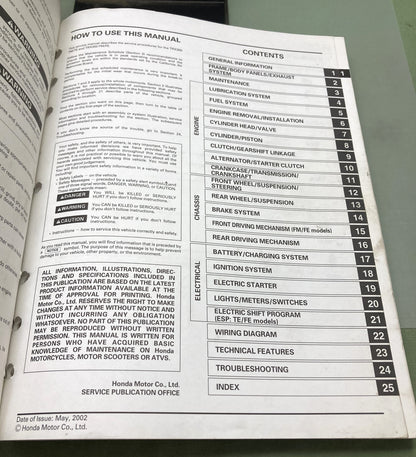 Genuine Honda 61HN403 TRX350TM/TE TRX350FM/FE Service Manual '00-'03