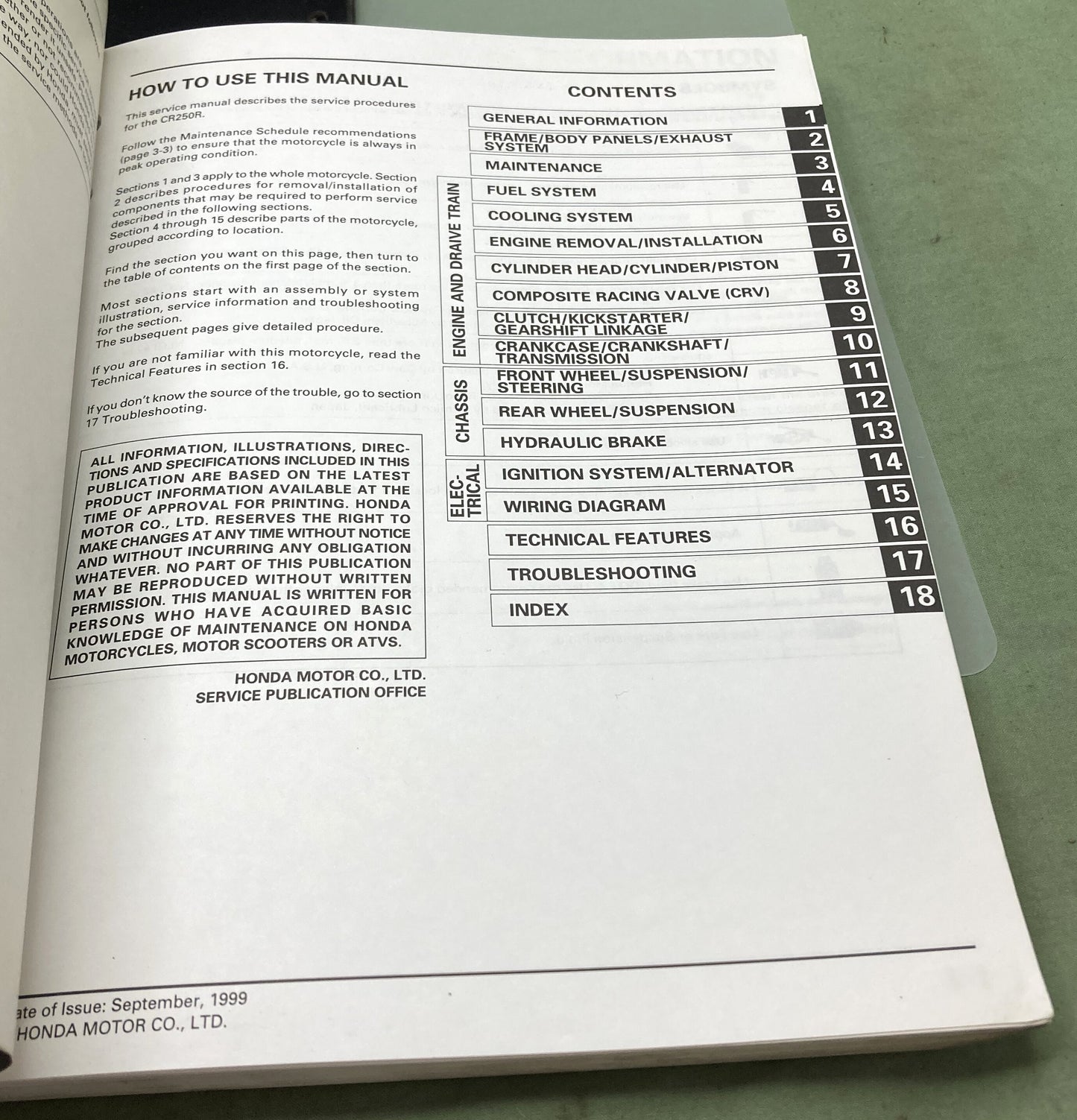 Genuine Honda 61KZ361 CR250R Service Manual '00-'01