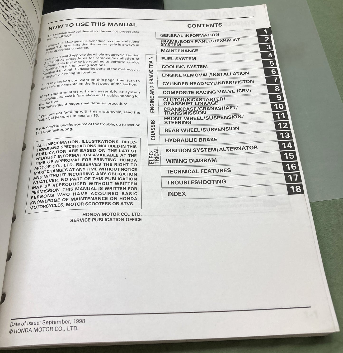 Genuine Honda 61KZ352 CR250R Service Manual '97-'99