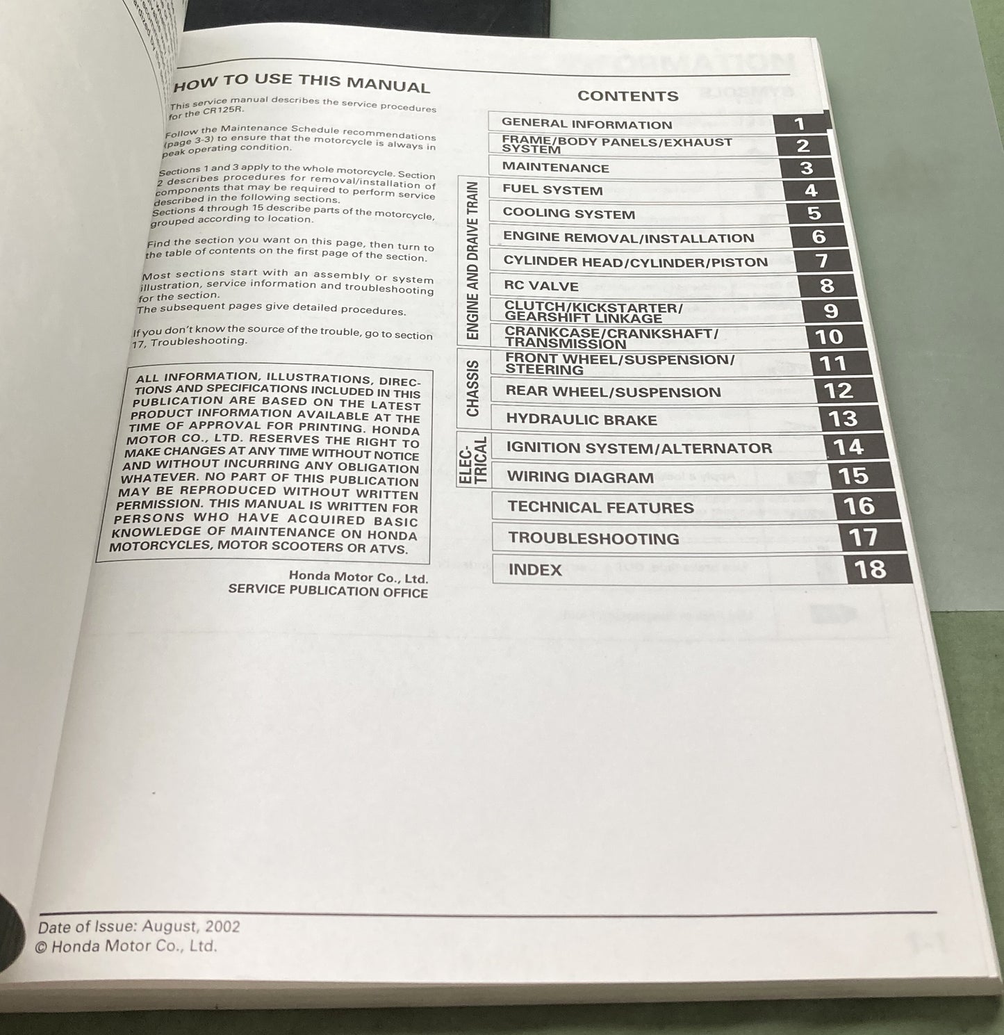 Genuine Honda 61KZ463 CR125R Service Manual '00-'03