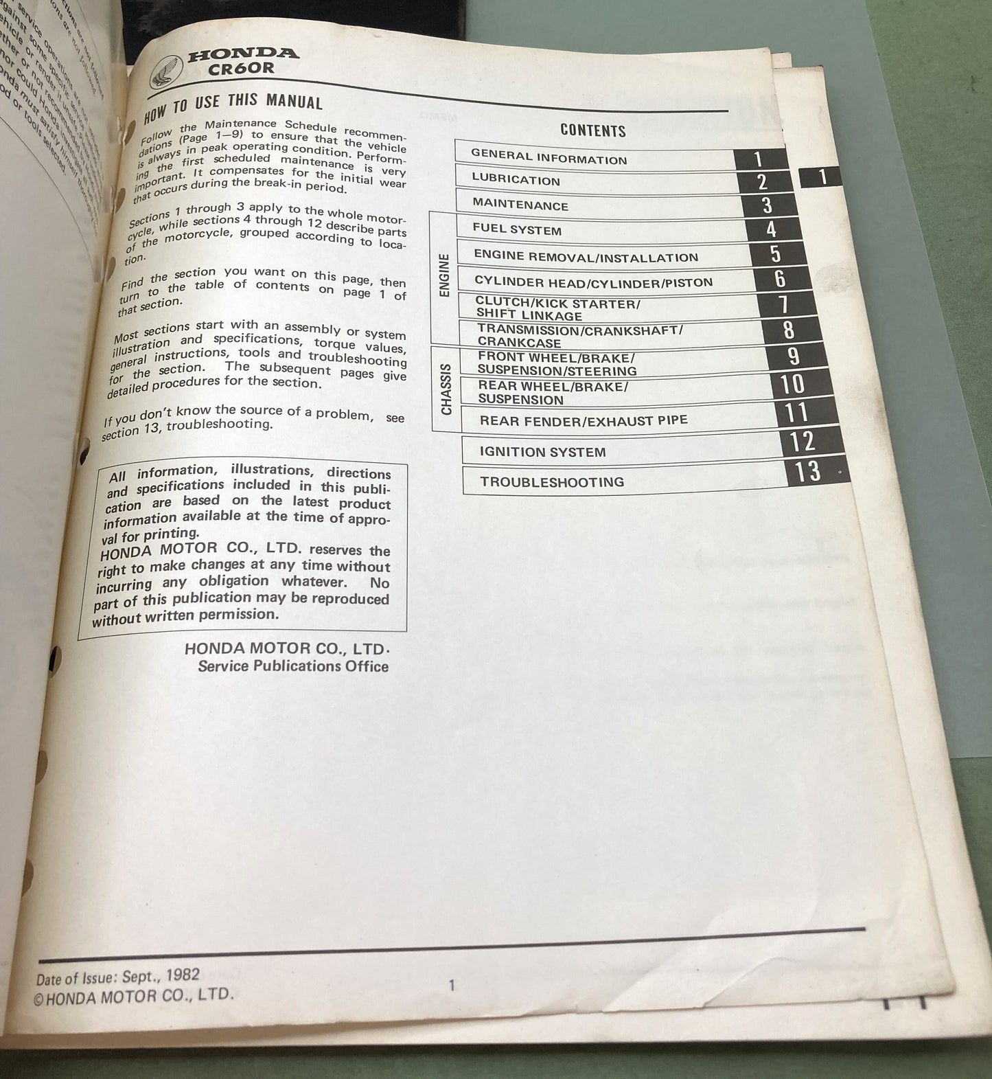 Genuine Honda 61GF500 CR60R Shop Manual 1982
