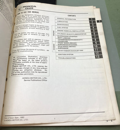 Genuine Honda 61GF500 CR60R Shop Manual 1982