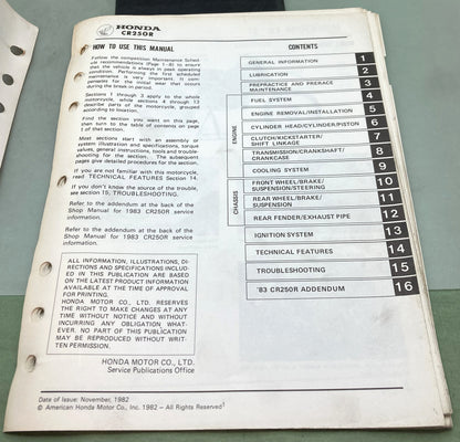 Genuine Honda 61KA401 CR250R Shop Manual '82-'83