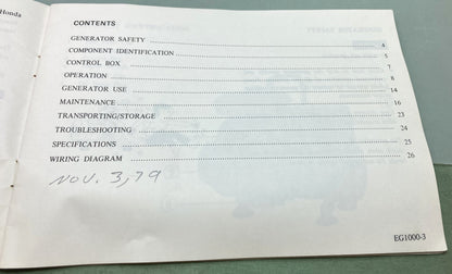 Genuine Honda 3187500 EG1000 Portable Generator Owner's Manual 1977 wi/ Tool Bag