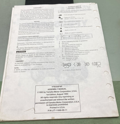 Genuine Yamaha LIT-11666-09-11 YFB250FWF Assembly Manual 1993