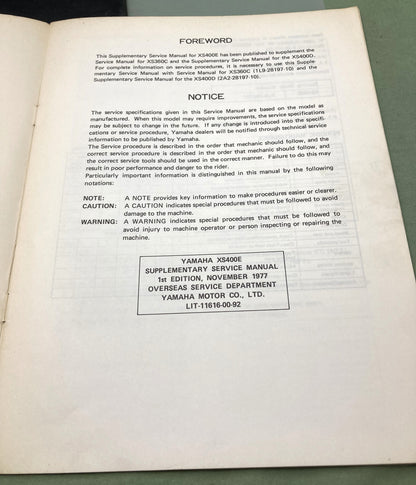 Genuine Yamaha LIT-11616-00-92 RD400E Supp. Service Manual