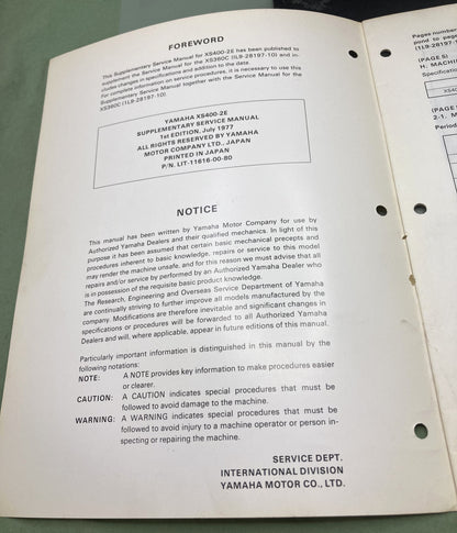 Genuine Yamaha LIT-11616-00-80 XS400-2E Supp. Service Manual 1977