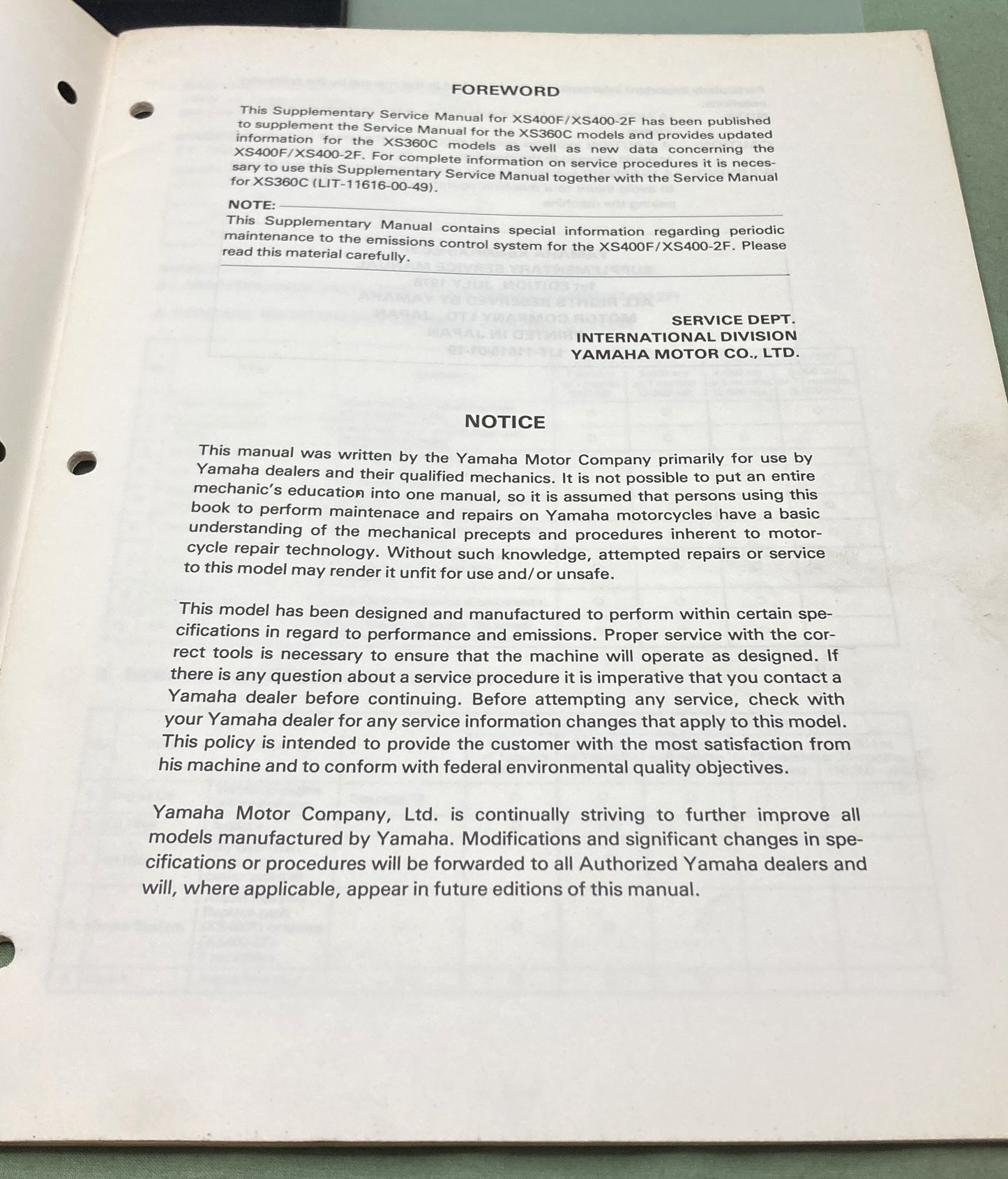 Genuine Yamaha LIT-11616-01-19 XS400F XS400-2F Supp. Service Manual 1978