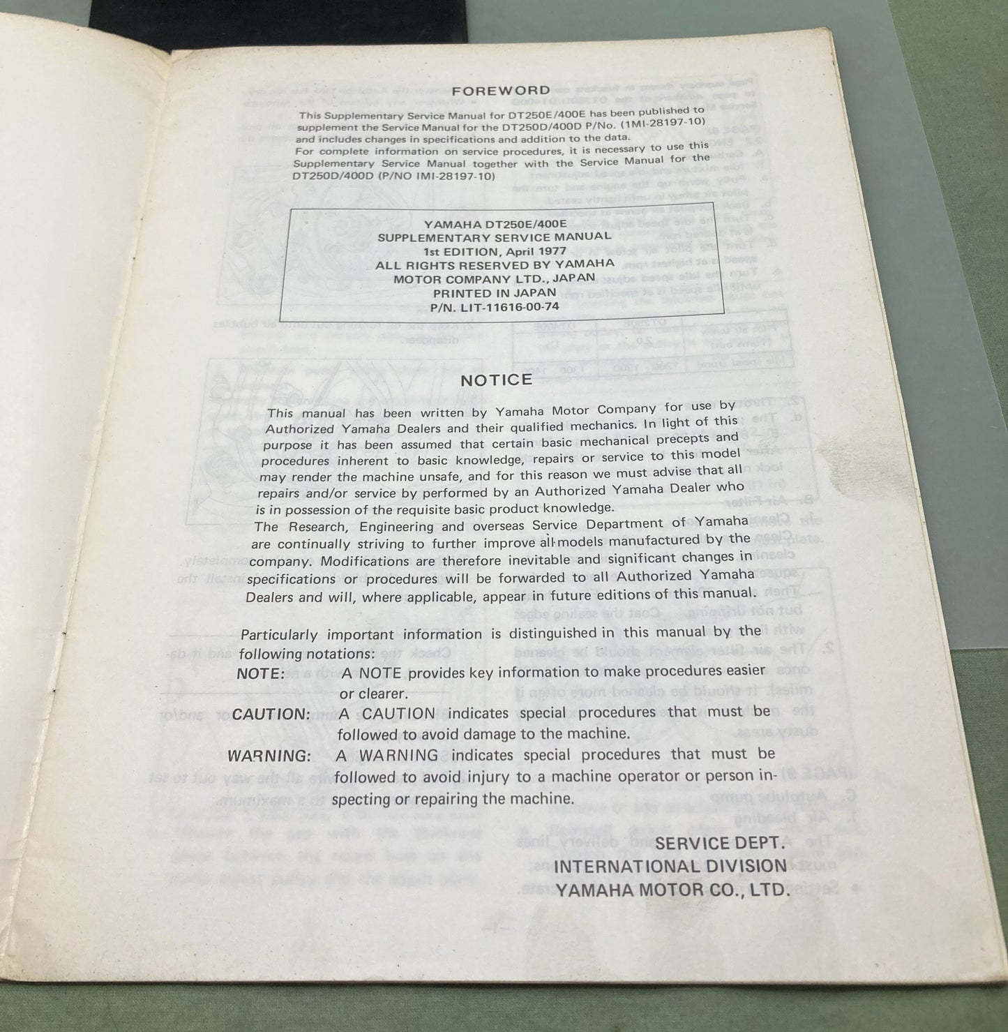 Genuine Yamaha LIT-11616-00-74 DT250E DT400E Supp. Service Manual 1977