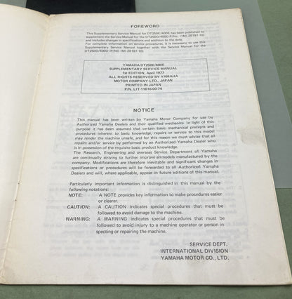 Genuine Yamaha LIT-11616-00-74 DT250E DT400E Supp. Service Manual 1977