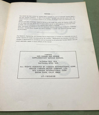 Genuine Yamaha LIT-11613-61-00 RD250B RD350B Supp. Service Manual 1975
