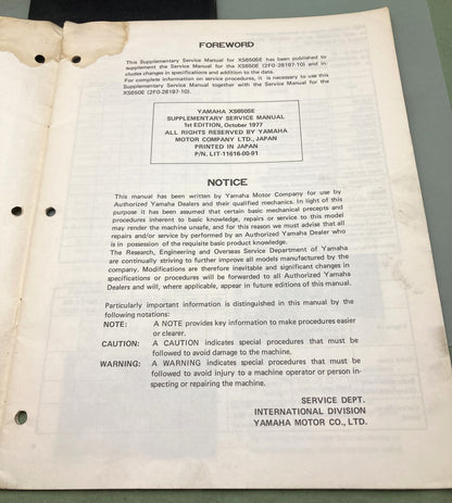 Genuine Yamaha LIT-11616-00-91 XS650SE Supp. Service Manual 1977