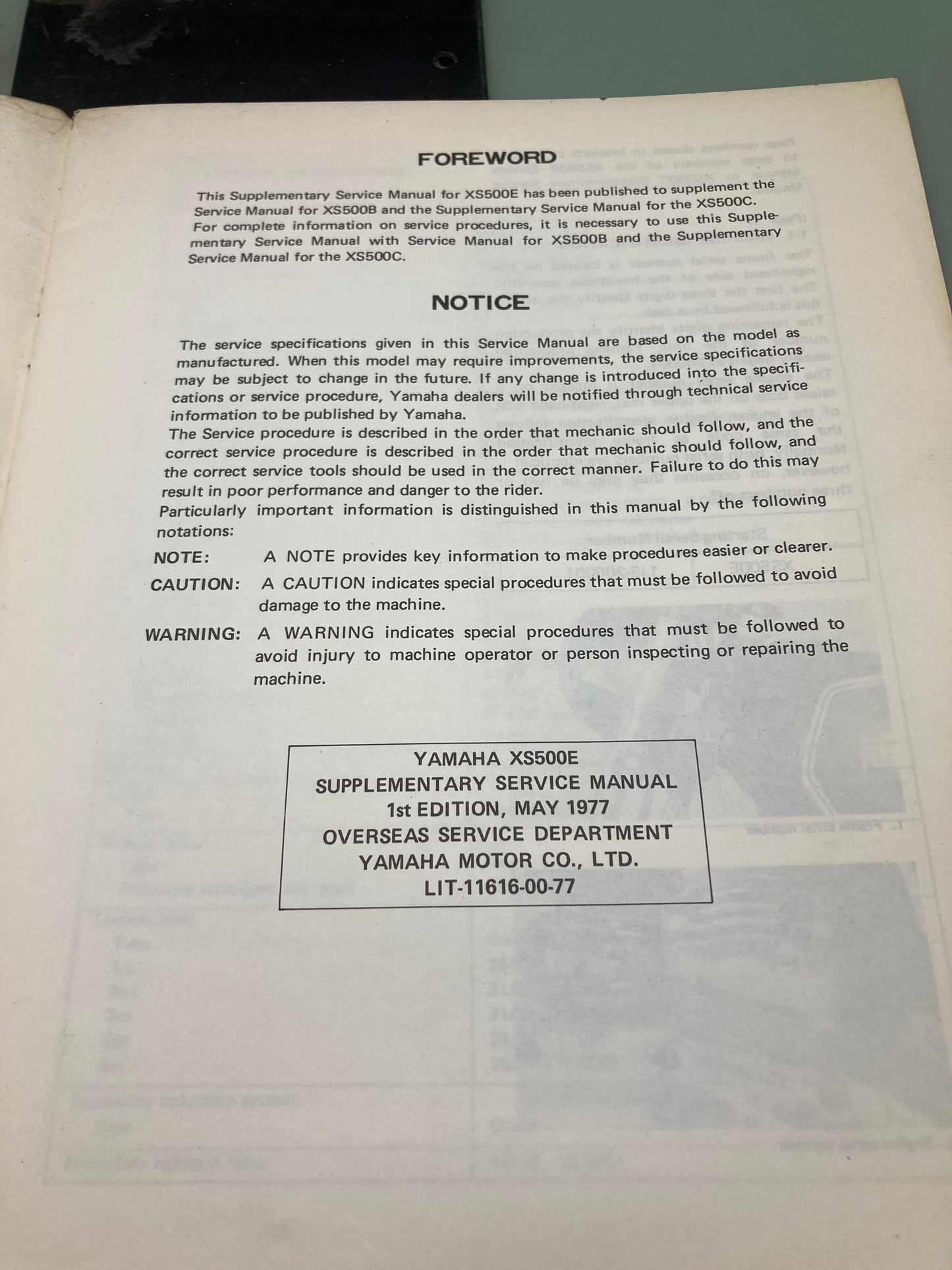Genuine Yamaha LIT-11616-00-77 XS500E Supp. Service Manual 1977