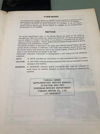 Genuine Yamaha LIT-11616-00-77 XS500E Supp. Service Manual 1977