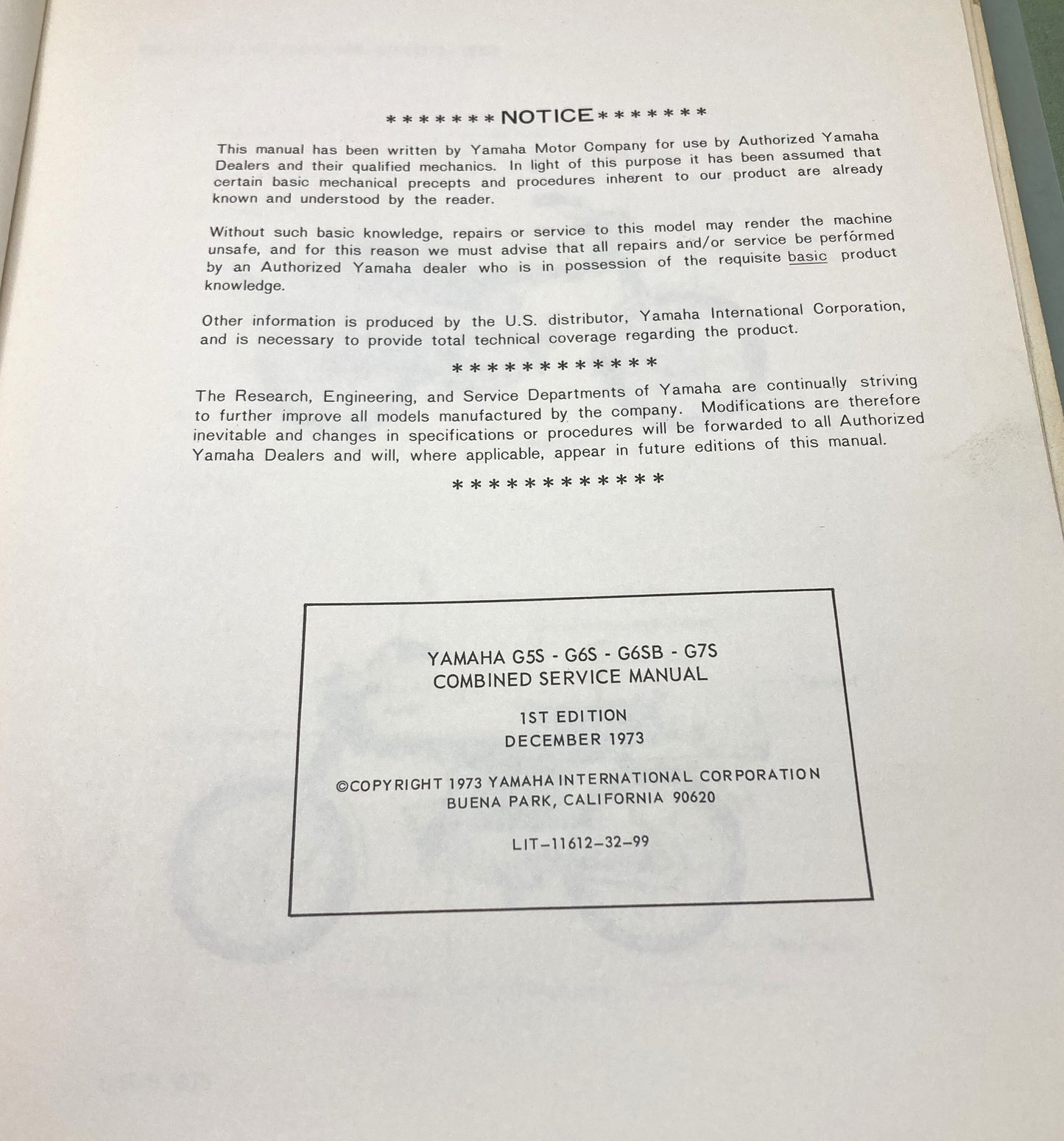 Genuine Yamaha LIT-11612-32-99 G5S G6S-G6SB G7S Service Manual 1973