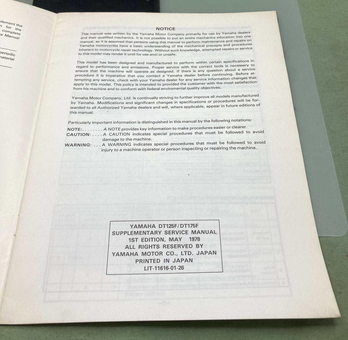 Genuine Yamaha LIT-11616-01-26 DT125F/DT175F Service Manual 1978