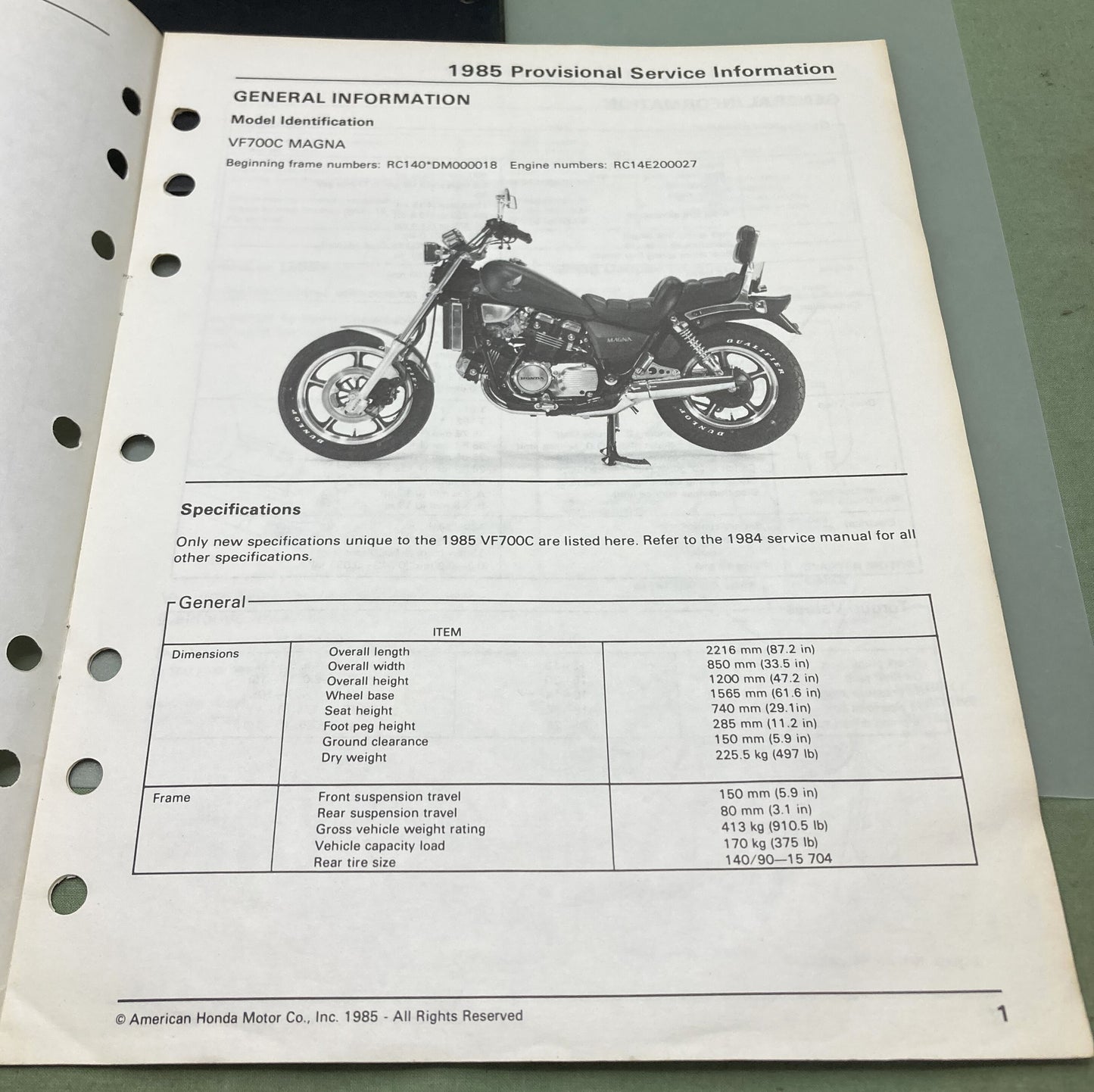 Genuine Honda S0030 VF700C Provisional Service Information 1985