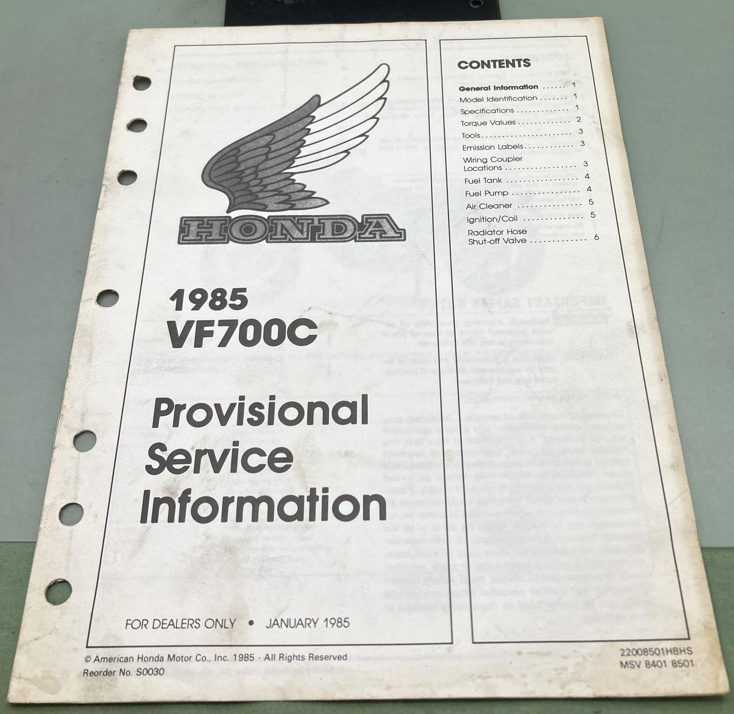 Genuine Honda S0030 VF700C Provisional Service Information 1985
