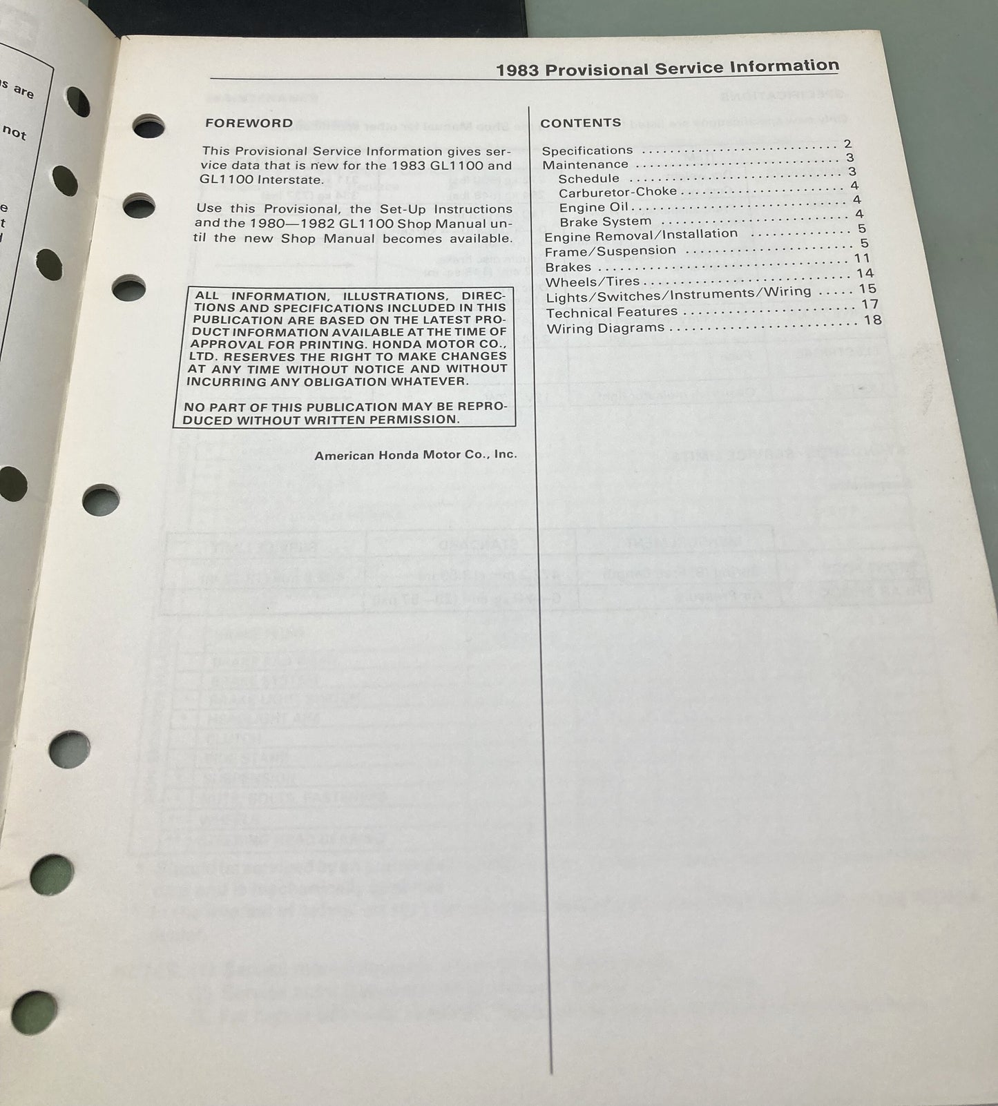 Genuine Honda S0030 GL1100 GL1100I Provisional Service Information 1983