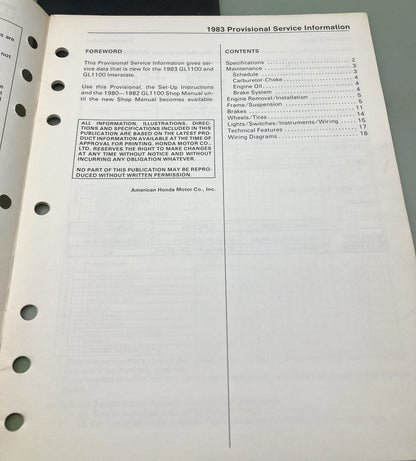 Genuine Honda S0030 GL1100 GL1100I Provisional Service Information 1983