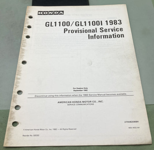 Genuine Honda S0030 GL1100 GL1100I Provisional Service Information 1983