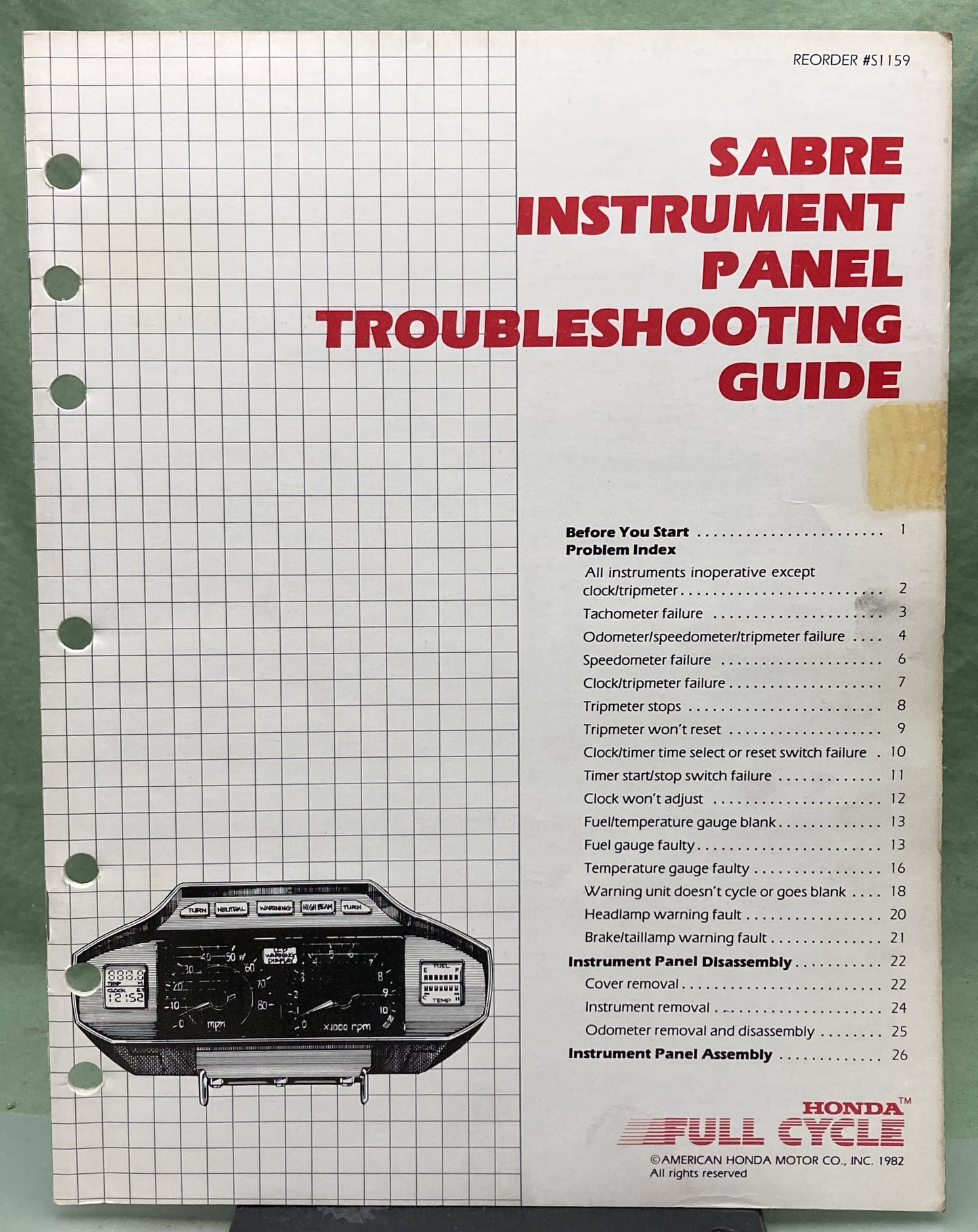 Genuine Honda S1159 Sabre Instrument Panel Troubleshooting Guide 1982