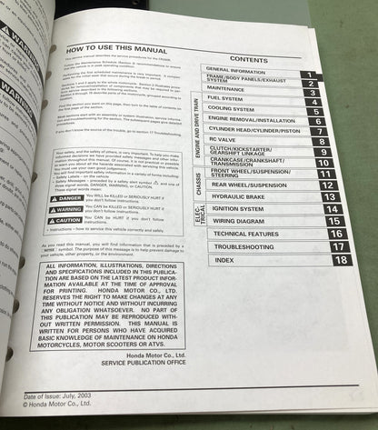 Genuine Honda 61KZ372 CR250R Service Manual 2002-2004