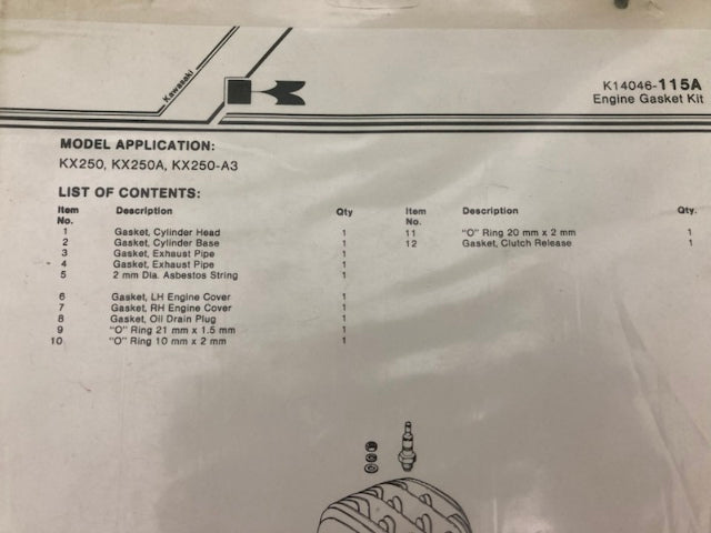 Kawasaki K14046-115A Engine Gasket Kit New Genuine