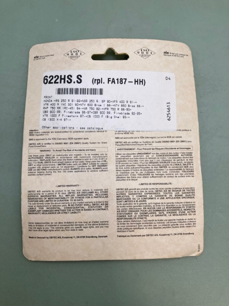 SBS 622HS FR Brake Pads New Genuine