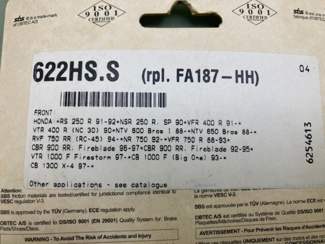 SBS 622HS FR Brake Pads New Genuine