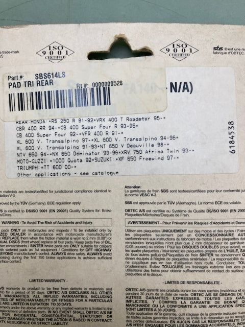 SBS 614LS Rear Brake Pads New Genuine