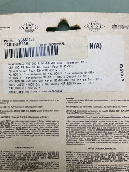 SBS 614LS Rear Brake Pads New Genuine
