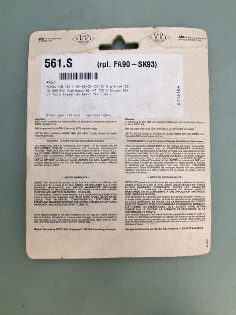 SBS 561HF Front Brake Pads New Genuine