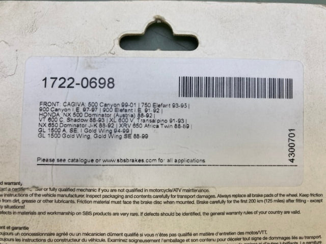 SBS 647HS Brake Pads 1722-0698 New Genuine