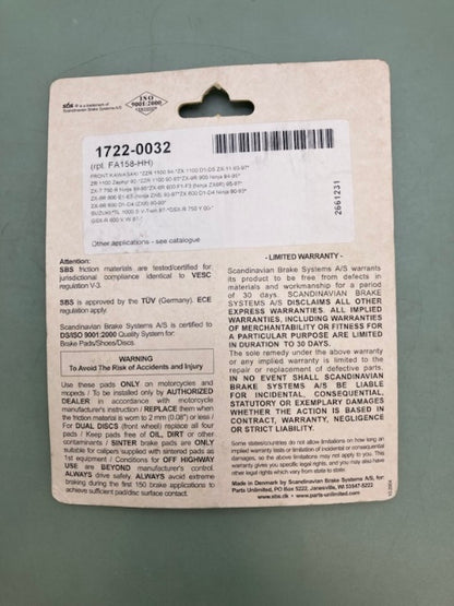 SBS 631HS Brake Pads 1722-0032 New Genuine