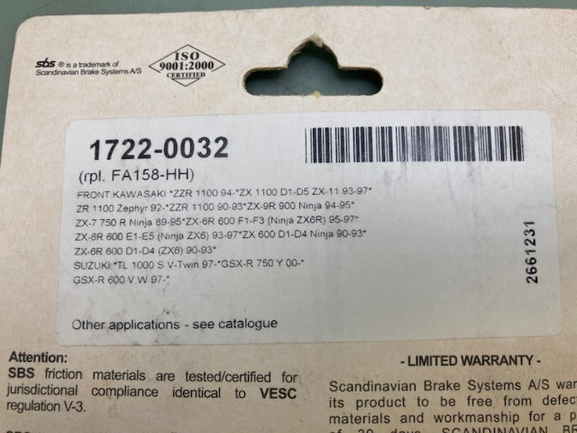 SBS 631HS Brake Pads 1722-0032 New Genuine