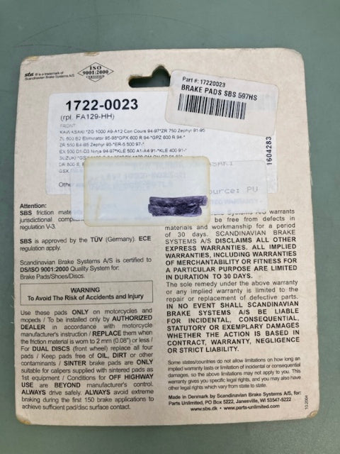 SBS 597HS Brake Pads 1722-0023 New Genuine