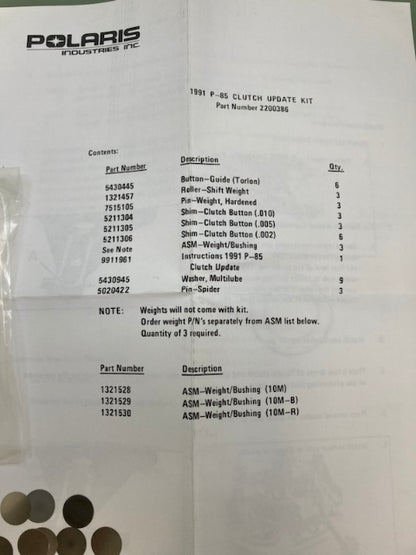 Polaris 2200387 Drive Clutch Shim Kit New Genuine